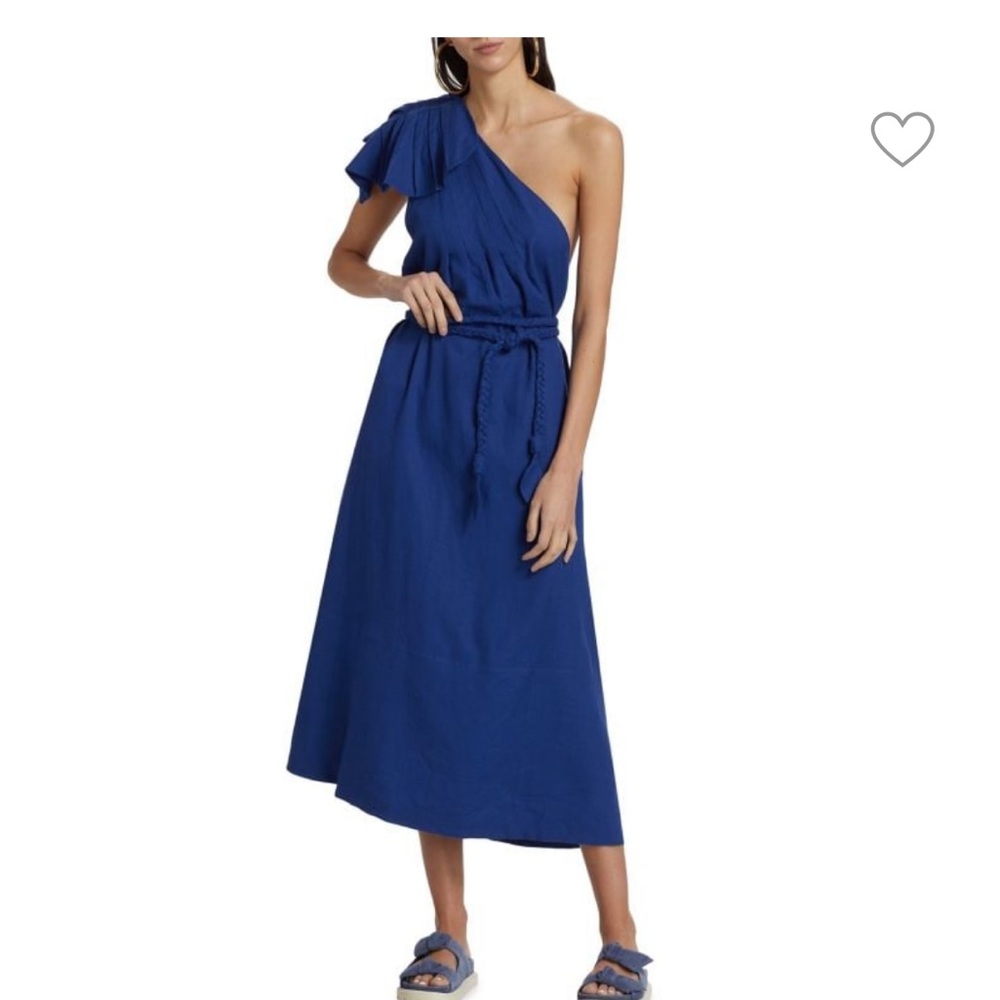 FARM RIO One-Shoulder Linen-Blend Belted Midi-Dress